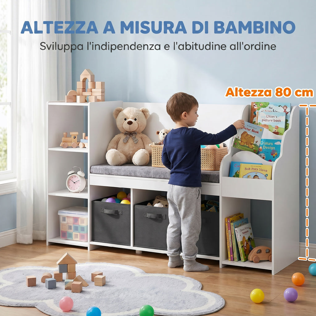 AIYAPLAY Toy Storage Rack for Children Ages 3-8 with 3-Tier Bookshelf, 3 Drawers, 4 Compartments, Cushion, White