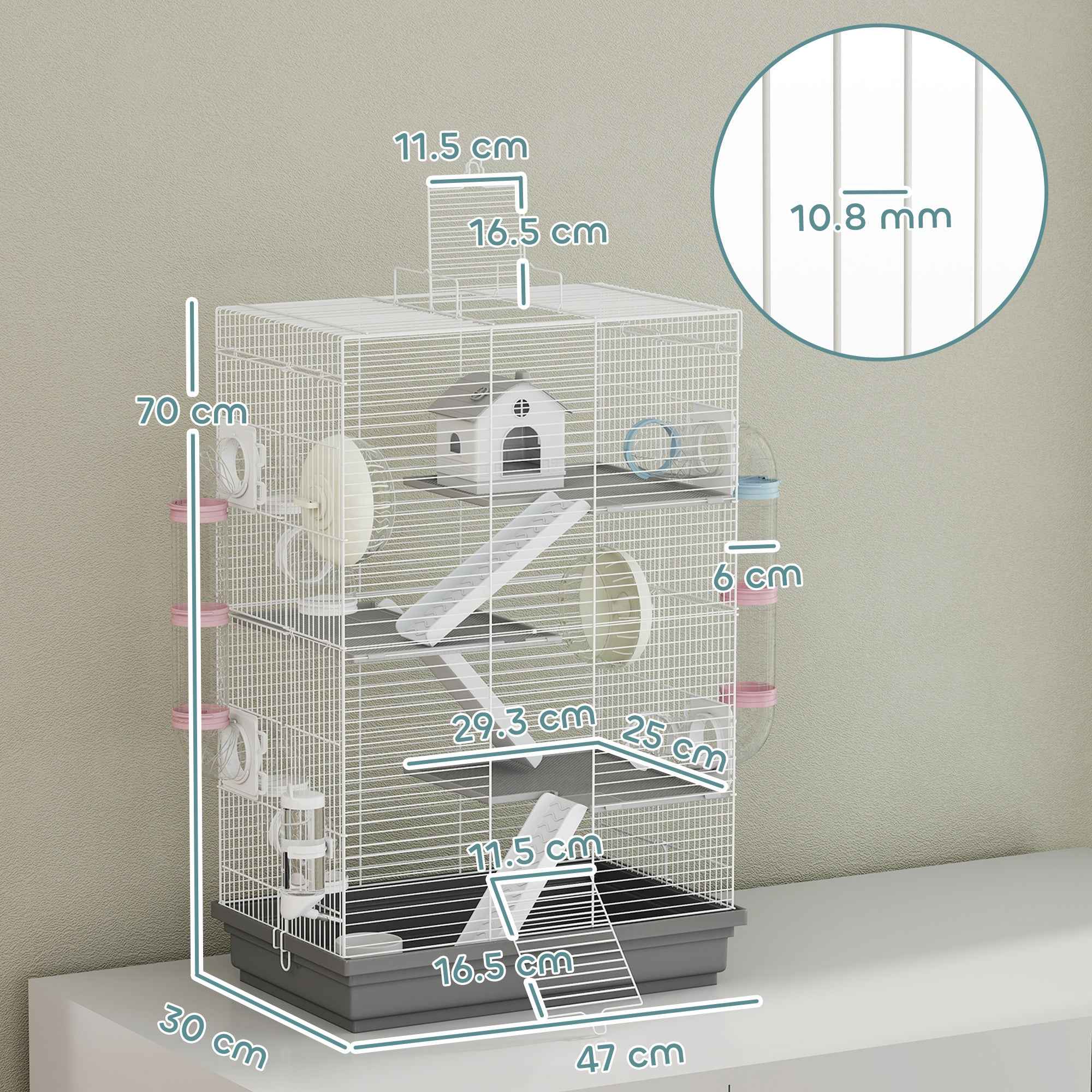 PawHut 4-Tier 16-Tube Hamster Cage with House, Ramp, and Accessories, Metal and Plastic, 47x30x70 cm, Grey