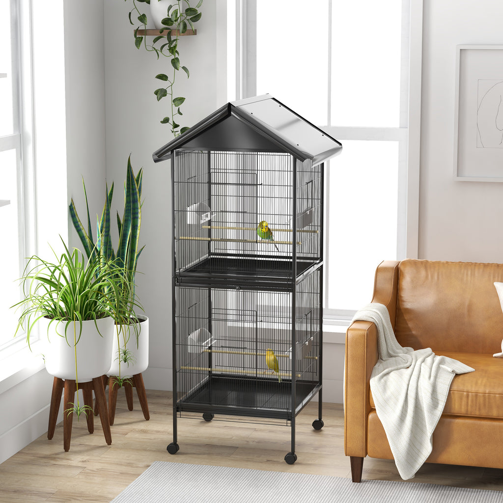 PawHut Wheeled Bird Aviary with Removable Plastic Trays and Perches, Metal, 71.8 x 71.8 x 170.2 cm, Black