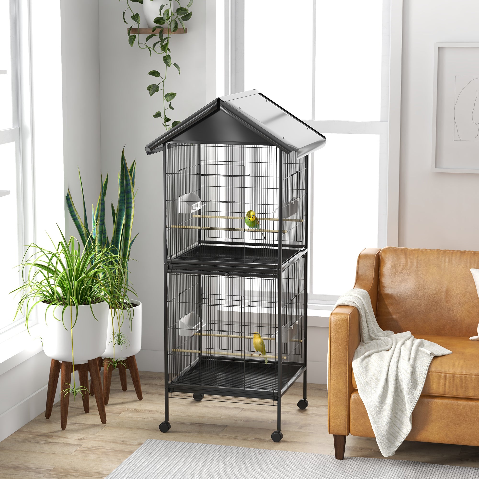 PawHut Wheeled Bird Aviary with Removable Plastic Trays and Perches, Metal, 71.8 x 71.8 x 170.2 cm, Black