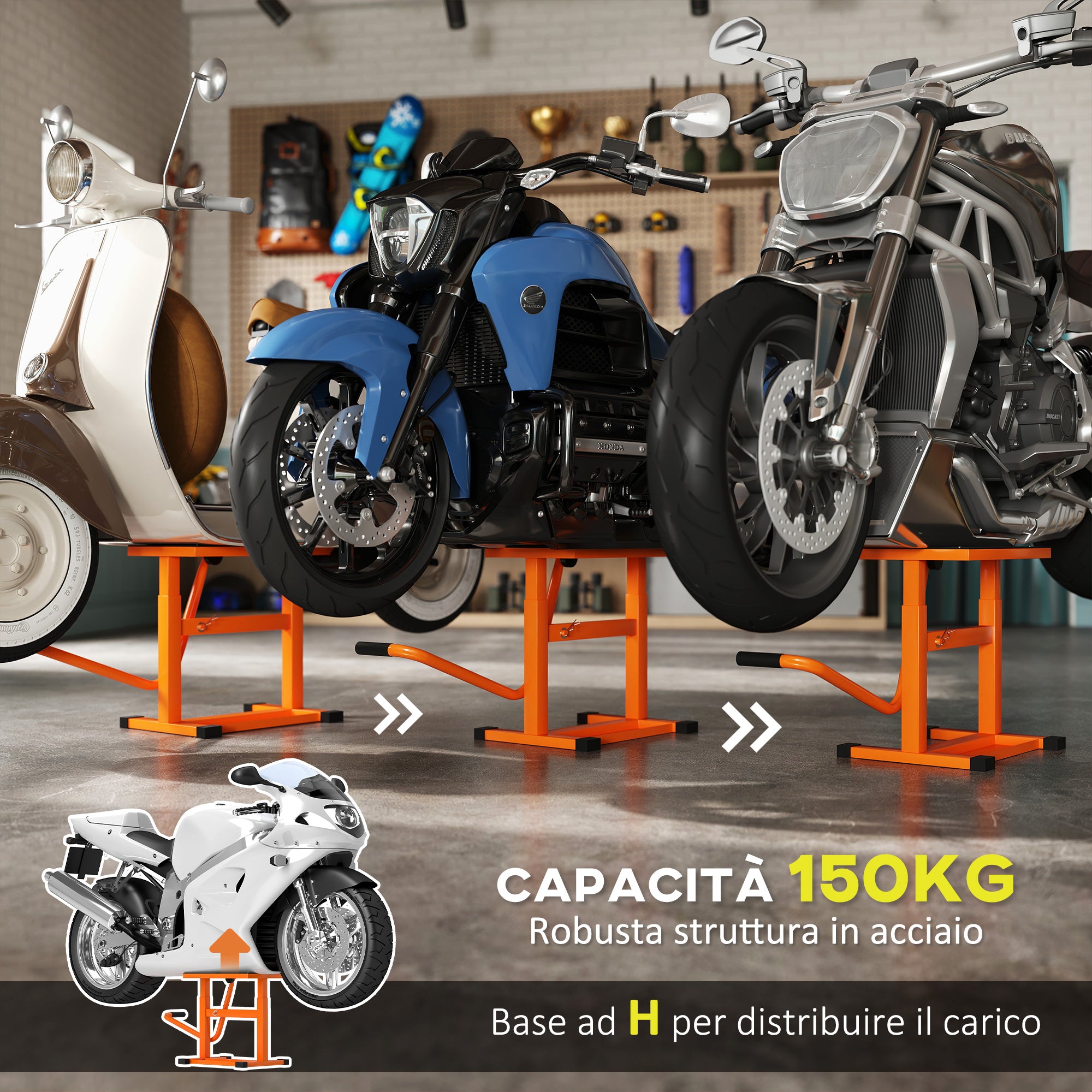 Motorcycle Stand Max 150 kg in Metal with Rubber Surface and Crank, 48x34x43 cm, Orange