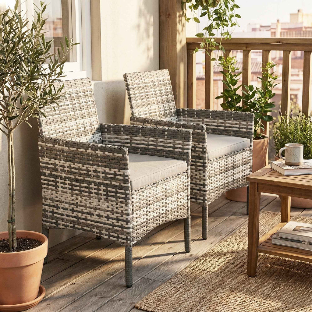 Outsunny Set of 2 Rattan Garden Chairs with Cushions and Armrests, Grey