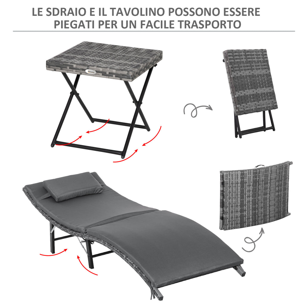 Folding Sun Loungers with Removable Cushions and Folding Table, 3-Piece Rattan Set, Grey