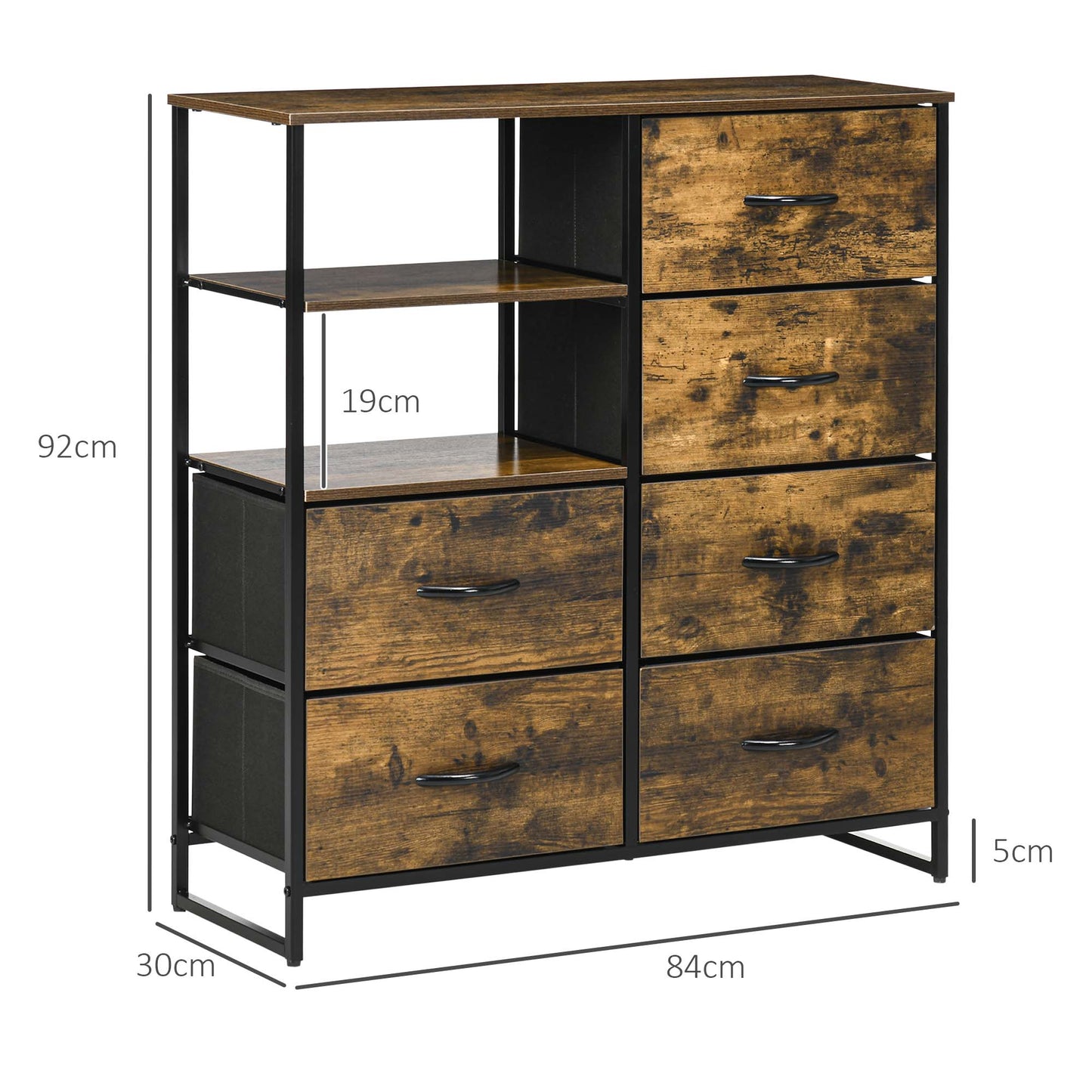 Chest of Drawers Folding Fabric Industrial Style Steel and Wood, 84x30x92cm, Rustic Brown