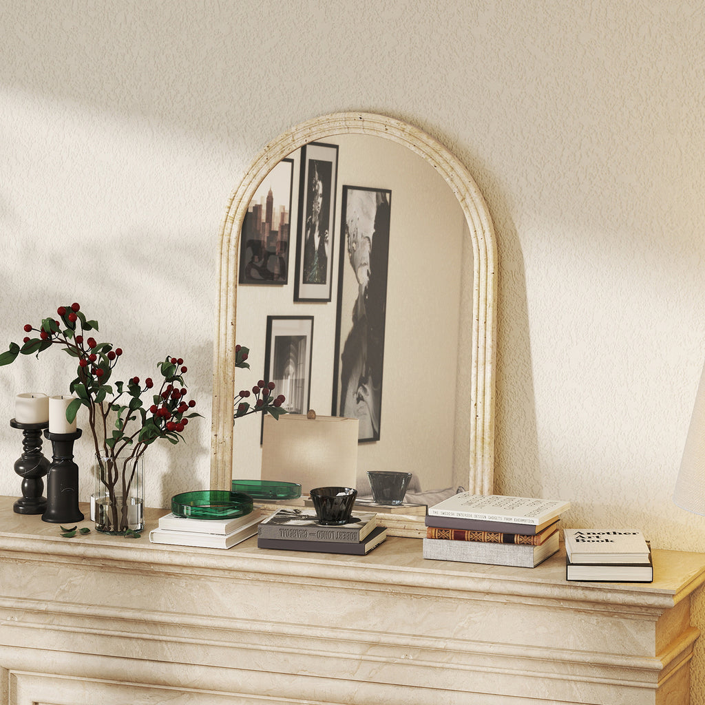 Arched Wall Mirror with Fluted Edge and Hooks, Glass and Polystyrene, 60x2x90 cm, Beige