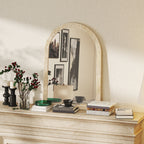 Arched Wall Mirror with Fluted Edge and Hooks, Glass and Polystyrene, 60x2x90 cm, Beige