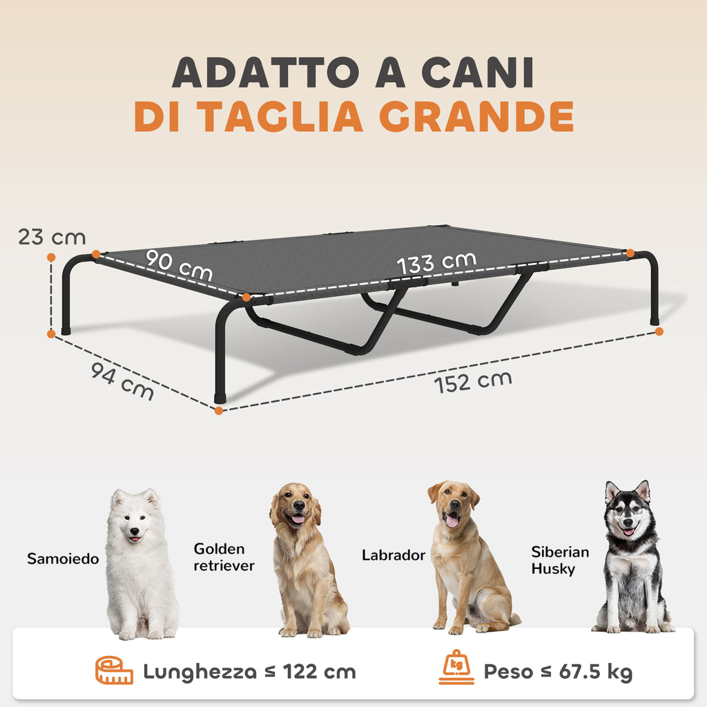 PawHut Raised Outdoor Dog Bed for Large Dogs, Made of Steel and Breathable Mesh, 152 x 94 x 23 cm, Grey