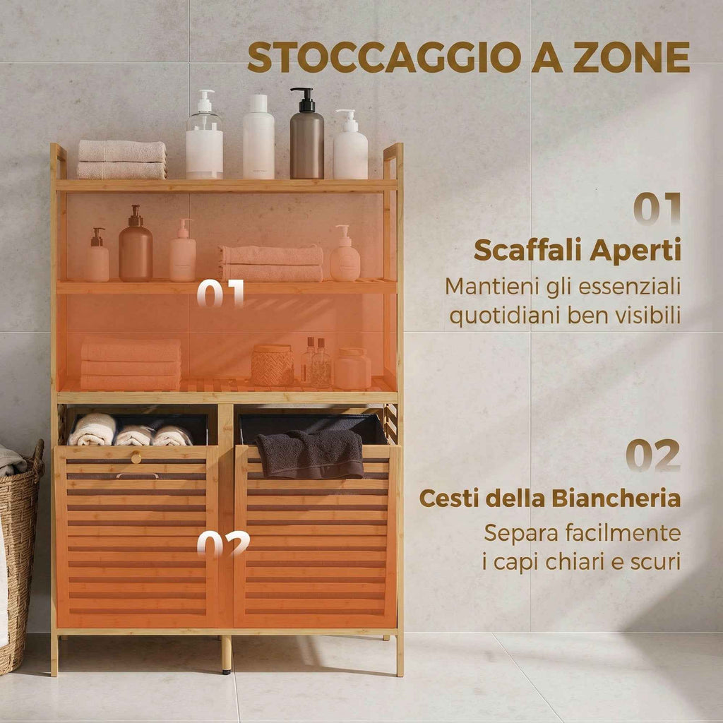HOMCOM Tiltable Double Laundry Cabinet, Bamboo, 2 Baskets, 3 Shelves, Oak Color