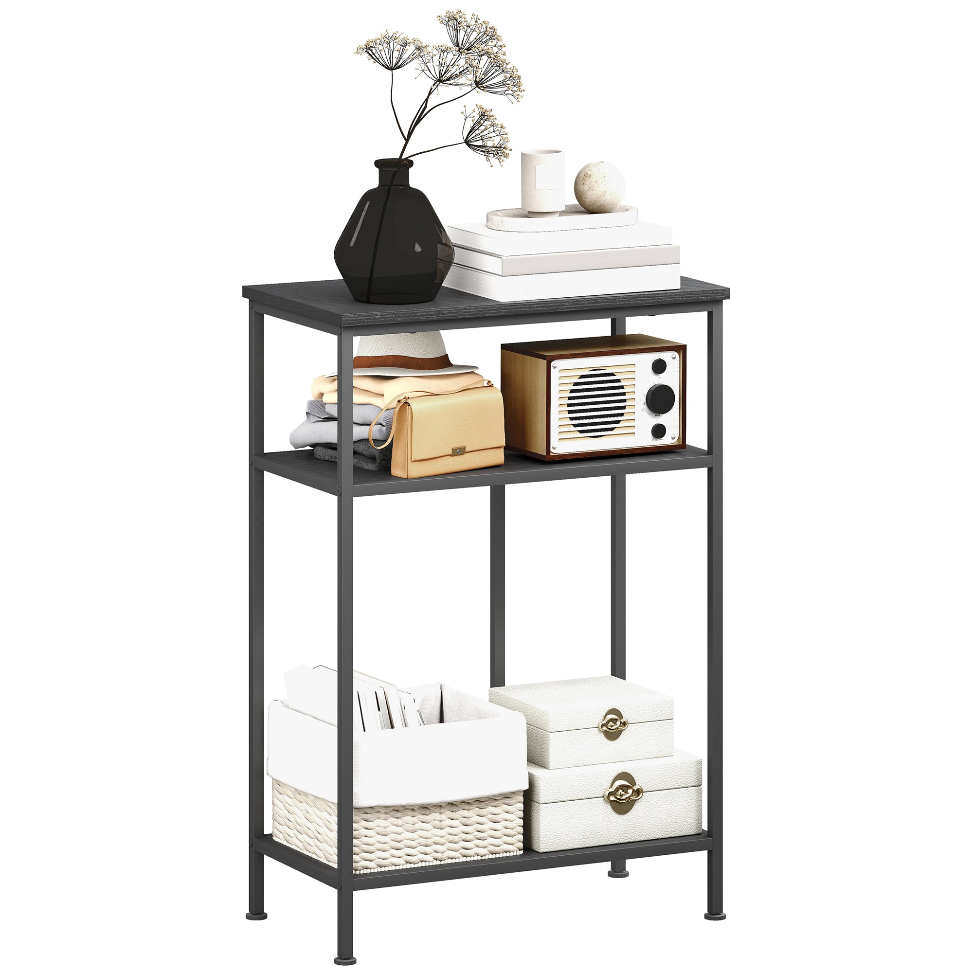 3-Tier Console Table with Metal and Wood Frame, 55x30x81 cm, Black