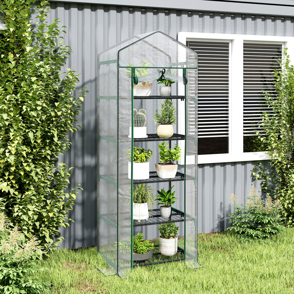 Outsunny 5-Tier Steel Mini Greenhouse for Garden and Terrace Plants with PVC Cover, 69x49x193 cm, Green