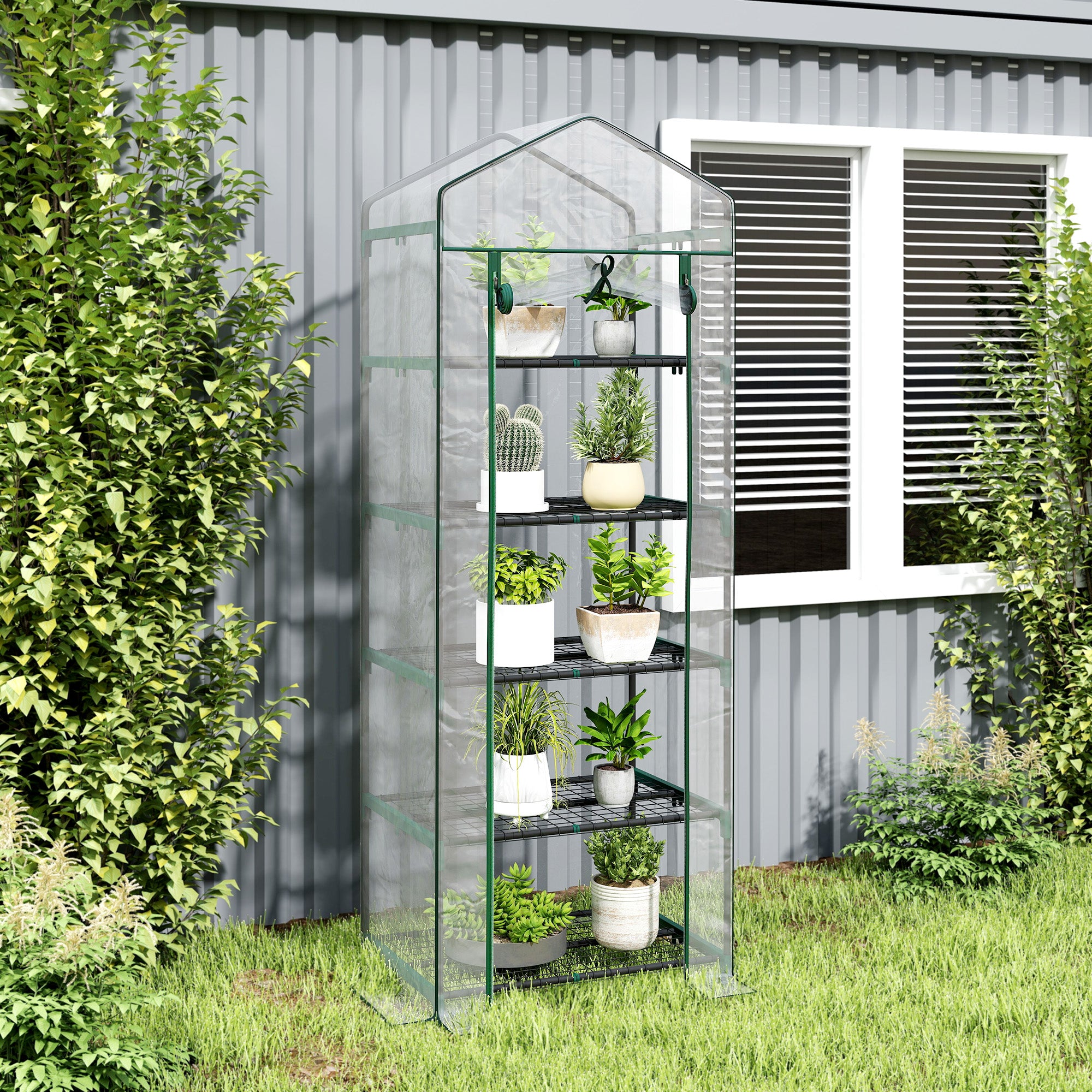 Outsunny 5-Tier Steel Mini Greenhouse for Garden and Terrace Plants with PVC Cover, 69x49x193 cm, Green