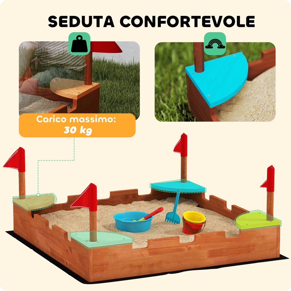 Sandpit for Children 3-7 Years in the Shape of a Castle with 4 Seats in Fir Wood, 90x90x17 cm, Multicolor