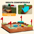 Sandpit for Children 3-7 Years in the Shape of a Castle with 4 Seats in Fir Wood, 90x90x17 cm, Multicolor