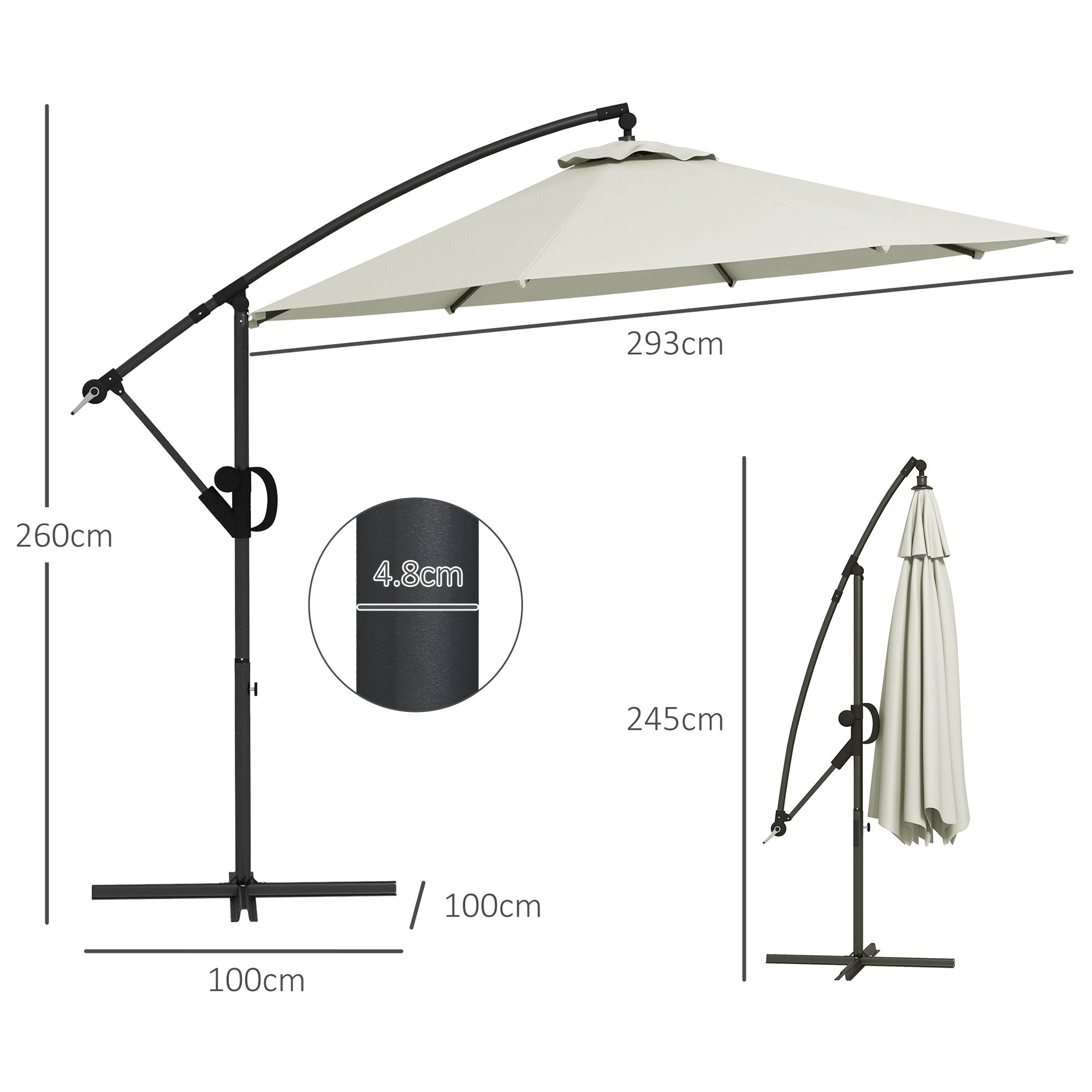8-Rib Umbrella with Cross Base, in Aluminium, Metal and Polyester, Ø3x2.6 m, Cream - Borgè