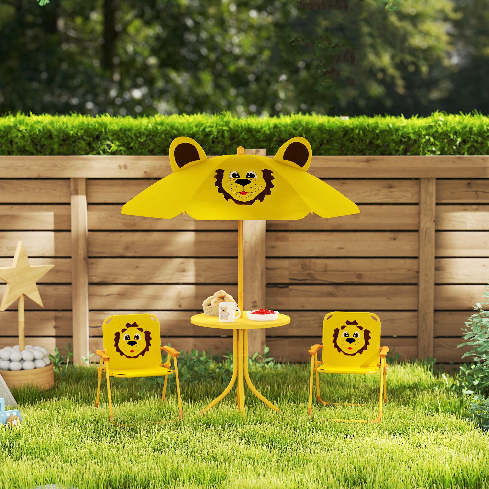 Garden Set for Children 2-5 Years with Round Table, 2 Folding Chairs and a Umbrella, Yellow
