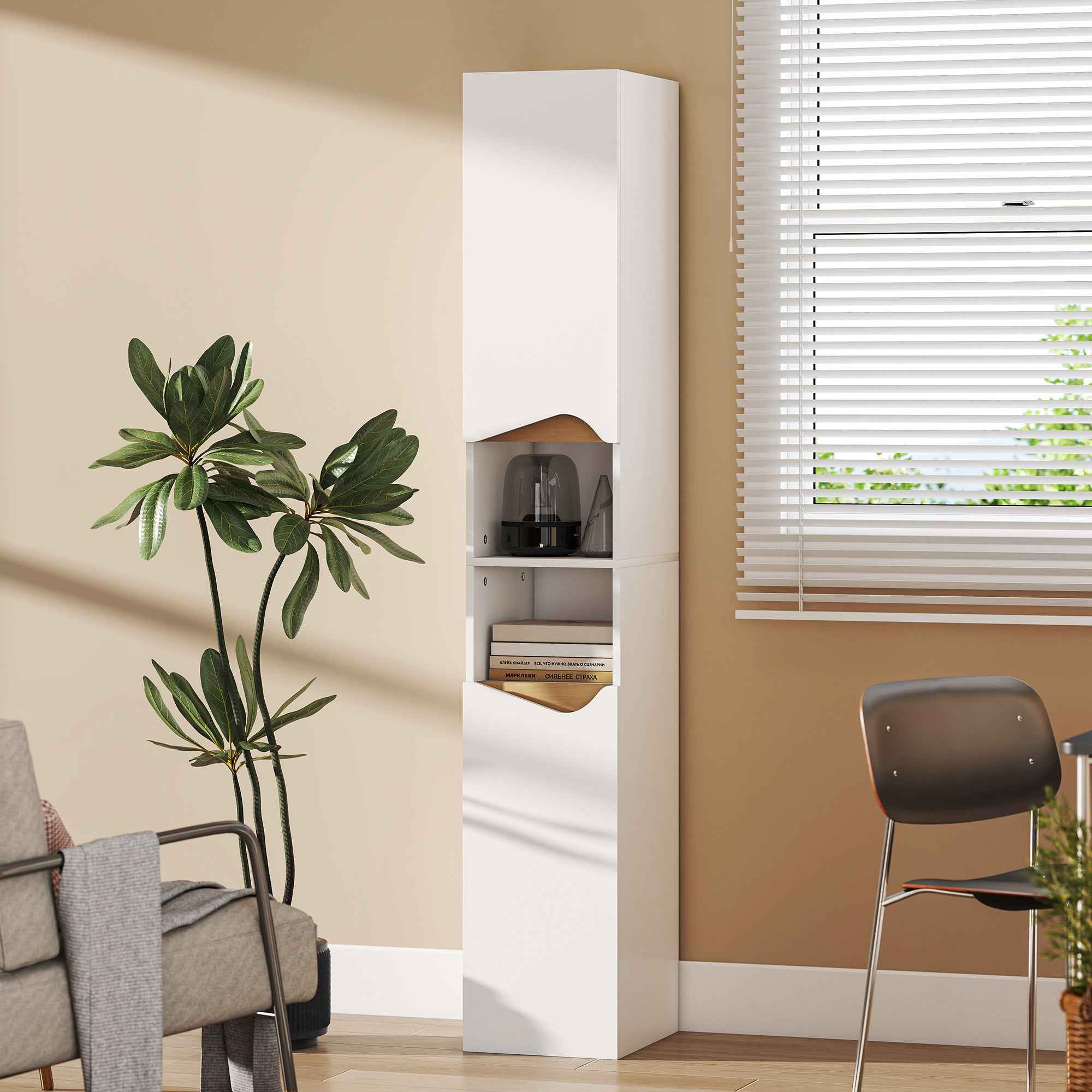 HOMCOM Wooden Bathroom Cabinet with 2 Open Shelves and 2 Cabinets, 30x34.6x180.5 cm, White and Wood Color