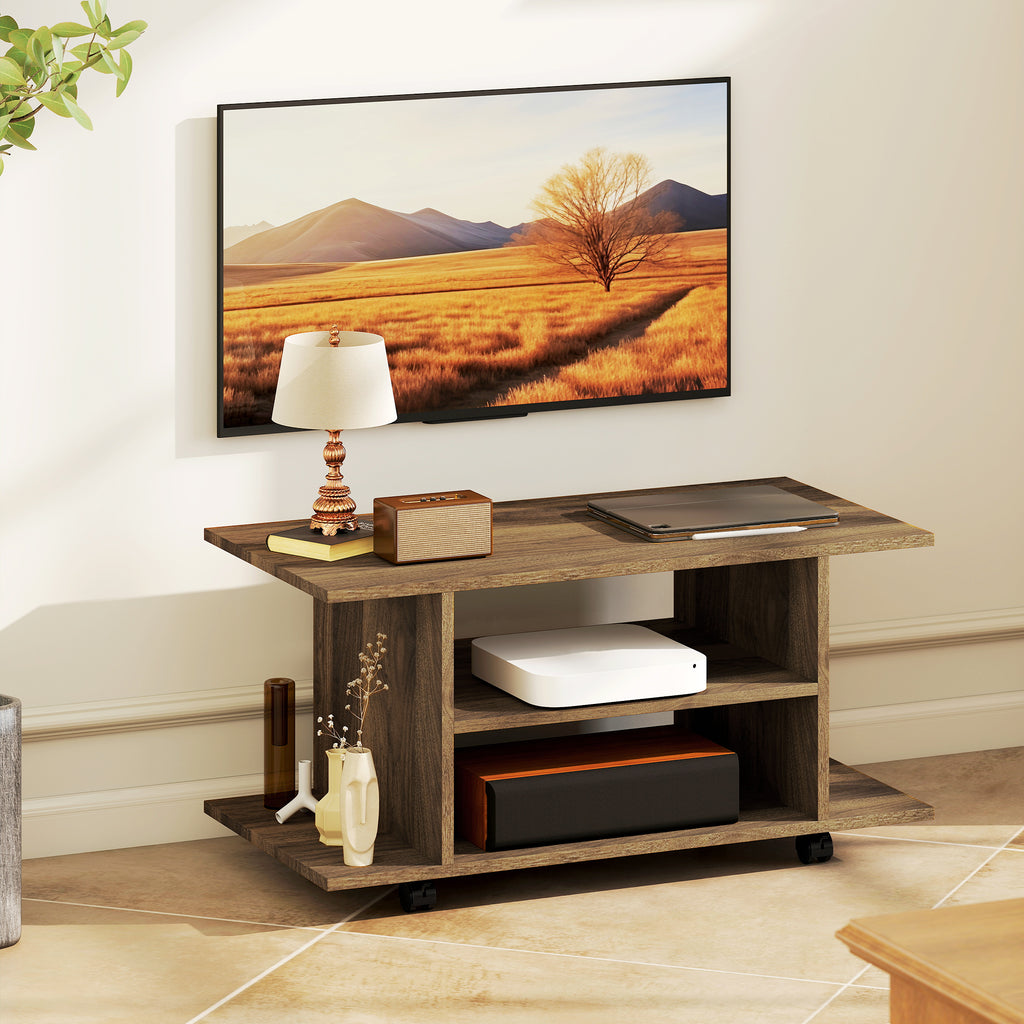 HOMCOM Modern TV Stand with Shelves, Swivel Wheels and Brakes, 80x40x40 cm, Walnut Color
