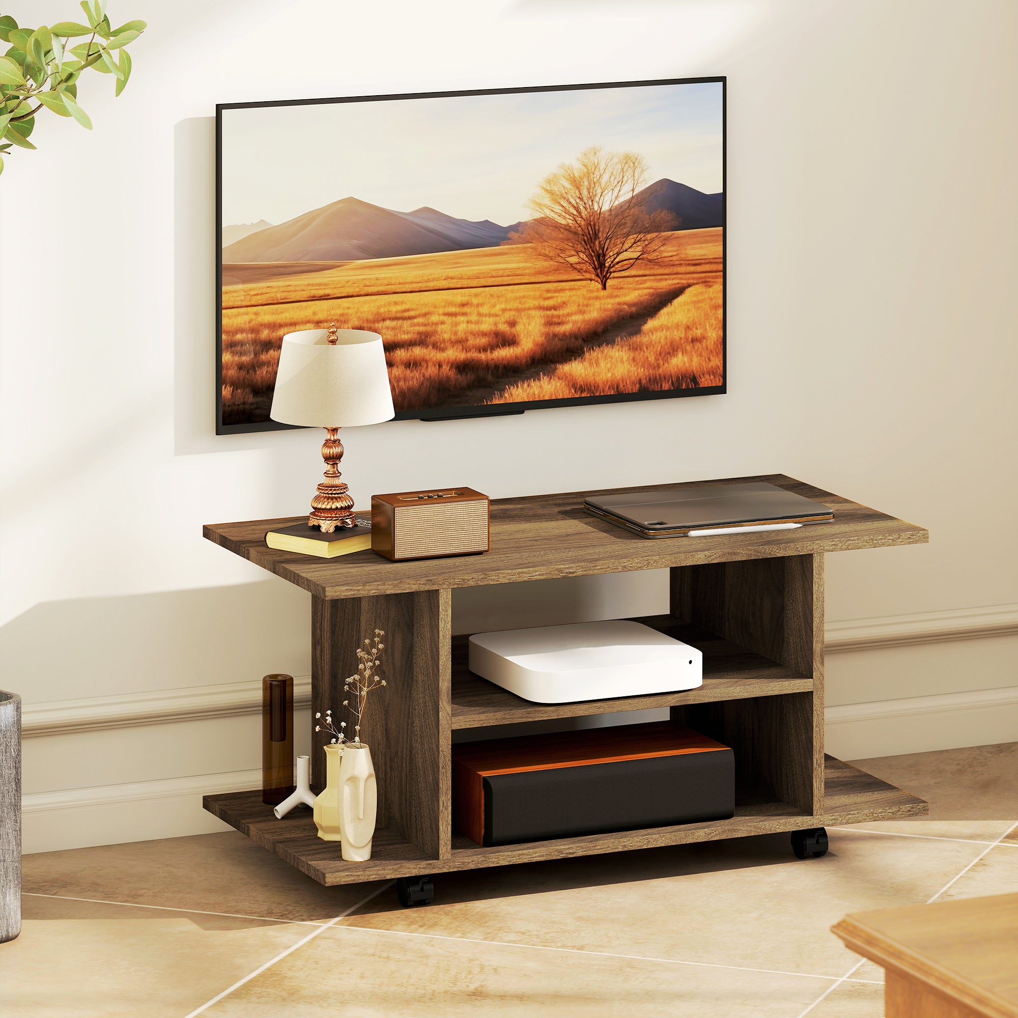 HOMCOM Modern TV Stand with Shelves, Swivel Wheels and Brakes, 80x40x40 cm, Walnut Color