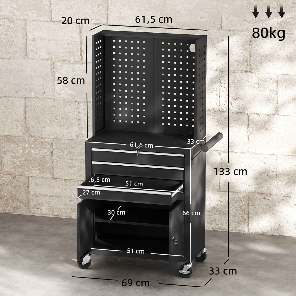 HOMCOM Steel Tool Cart with Worktop, 3 Drawers, Cabinet, Pegboards, Wheels, Black
