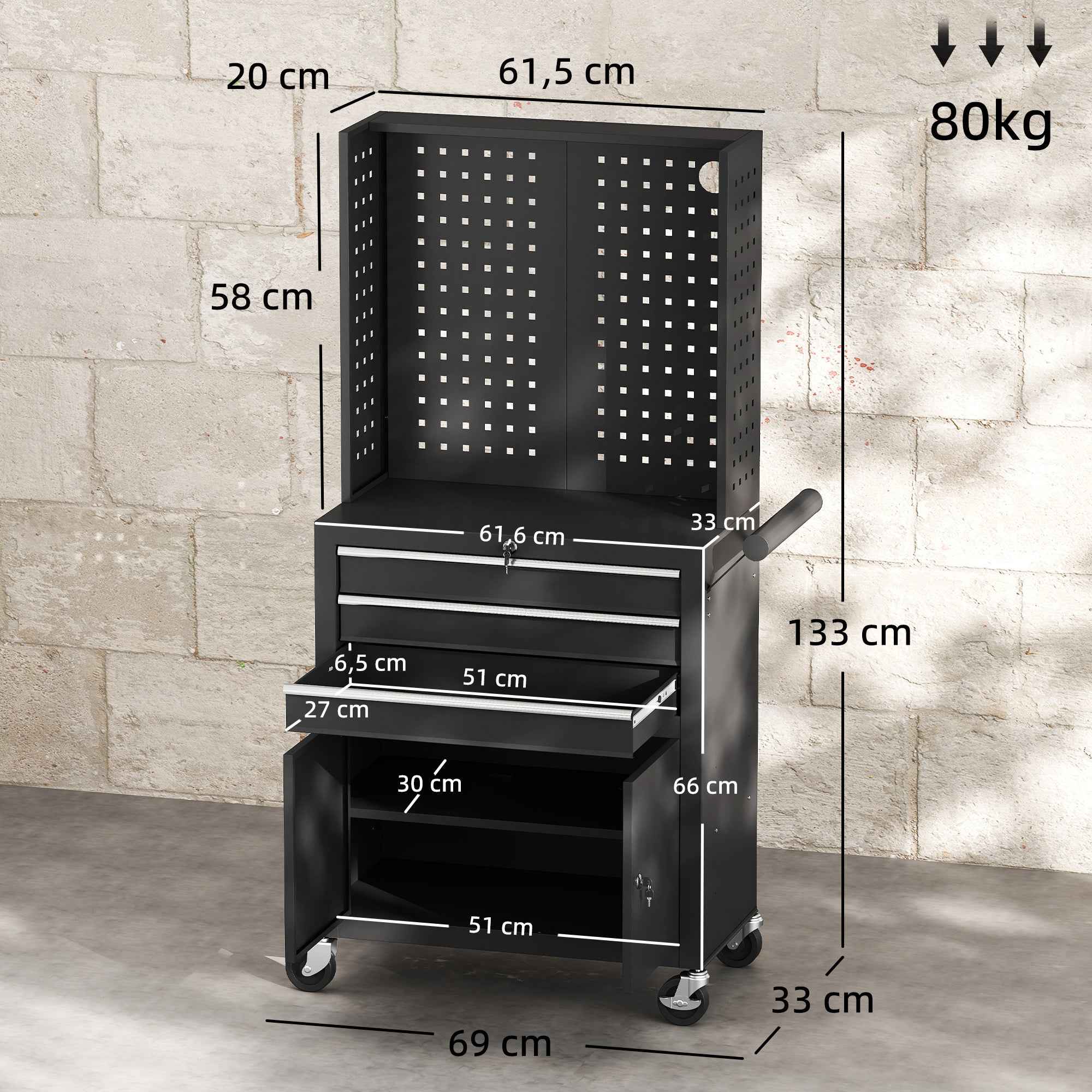 HOMCOM Steel Tool Cart with Worktop, 3 Drawers, Cabinet, Pegboards, Wheels, Black