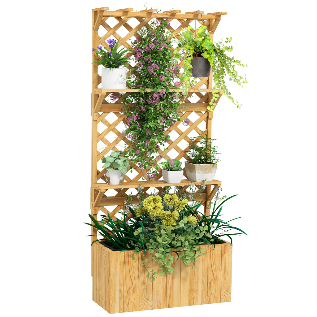 Planter with Trellis for Climbing Plants, Drainage Holes and 2 Shelves, in Fir Wood, 76x33x177 cm