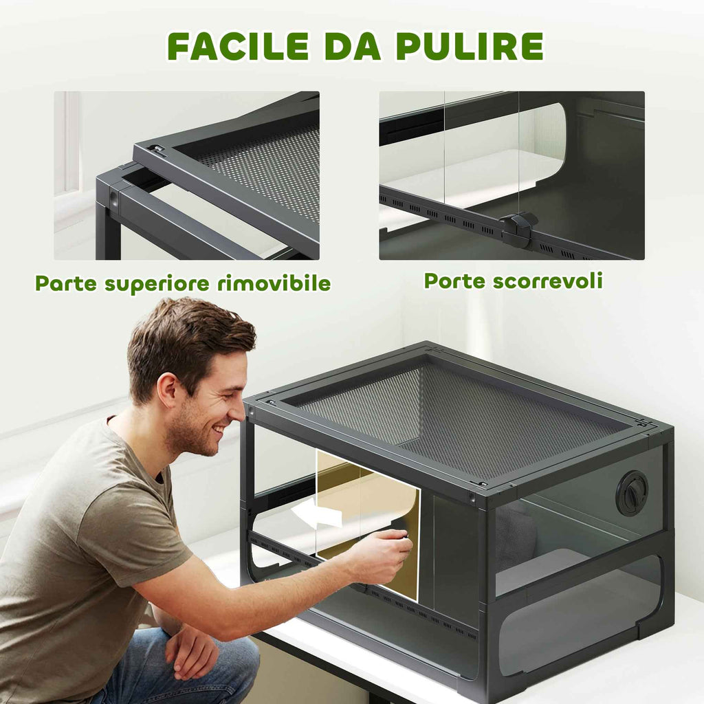 PawHut Raised and Foldable Reptile House with Tempered Glass and Plastic Lid and Walls, 60x45x32 cm, Black