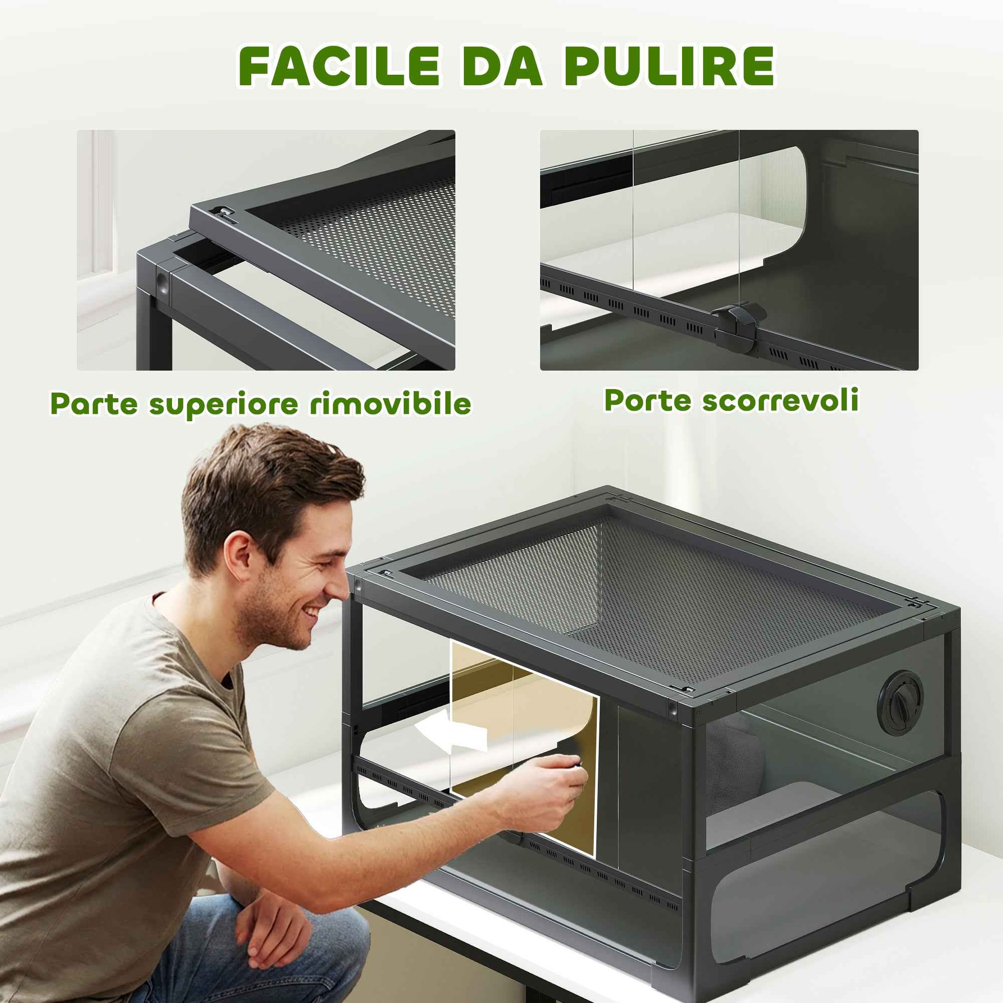 PawHut Raised and Foldable Reptile House with Tempered Glass and Plastic Lid and Walls, 60x45x32 cm, Black