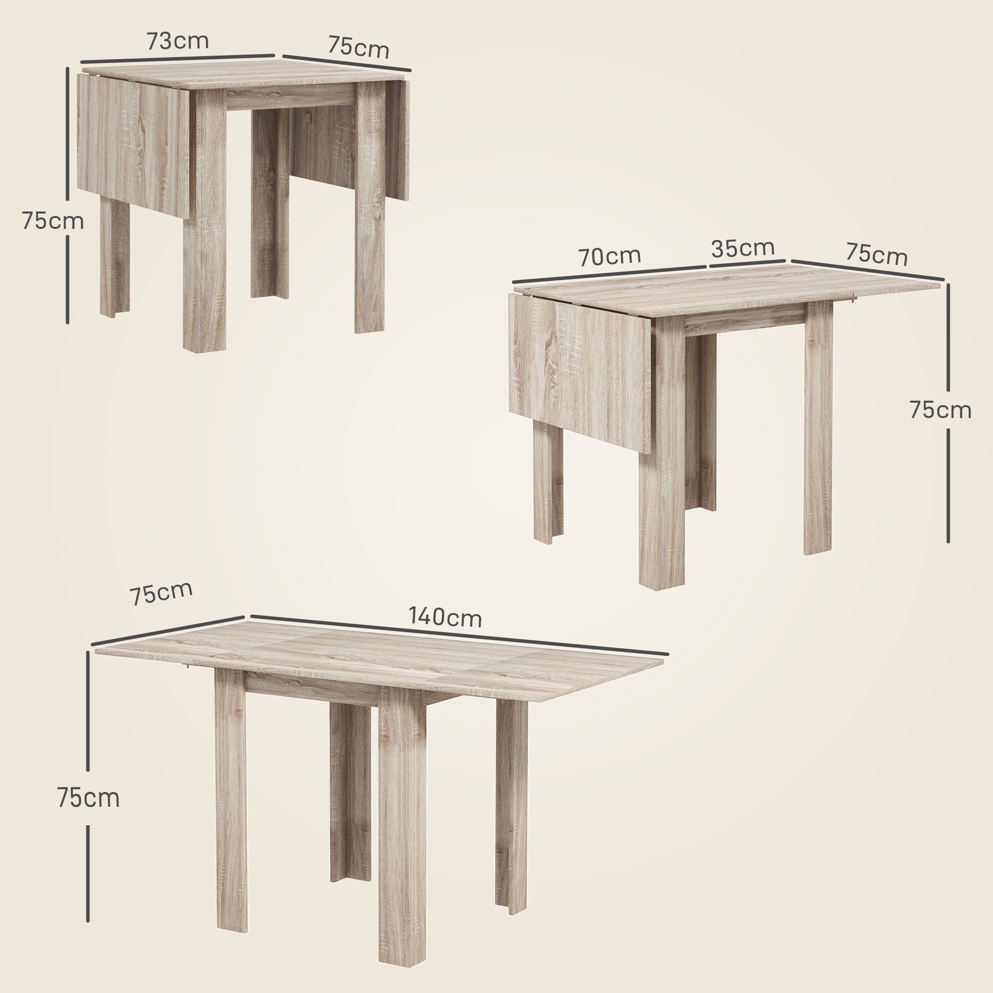 HOMCOM Drop-leaf table for 4 people max, waterproof and scratch-proof, in chipboard, 140x70x75 cm, oak color - Borgè