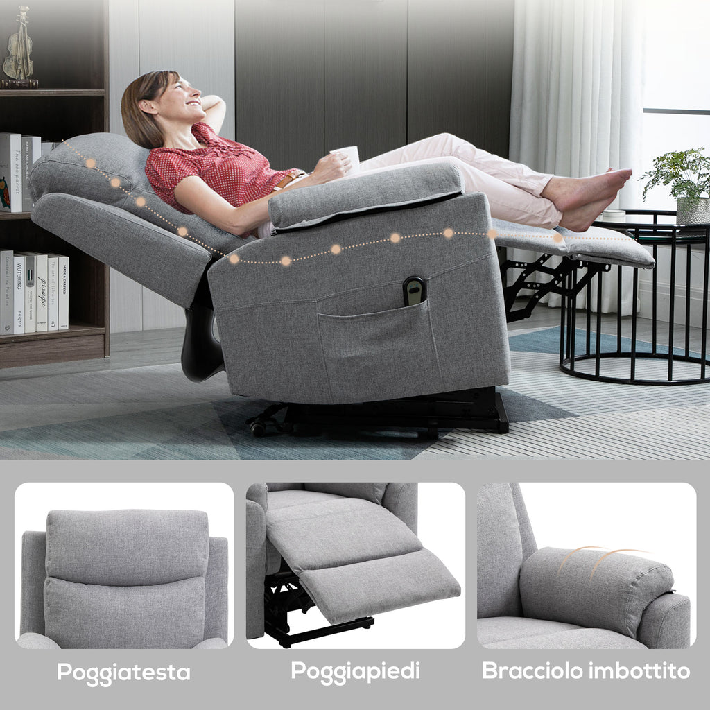 Electric Reclining Relaxing Lift Armchair with Remote Control and Fabric Footrest, Light Gray