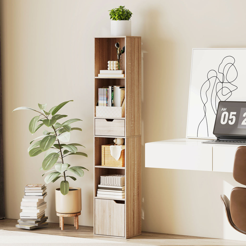 HOMCOM 4-Tier Open Bookshelf with Cabinet and Drawer, 30x24x158 cm, Wood Color