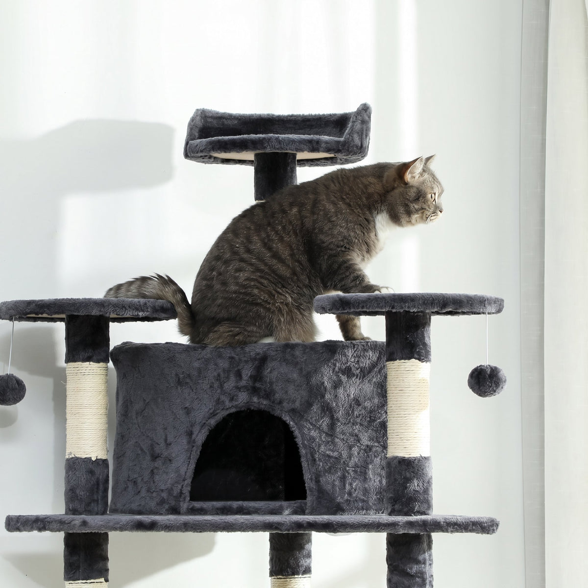 PawHut Tall Cat Tree with Houses and Hammocks, 60x60x200cm, Dark Grey