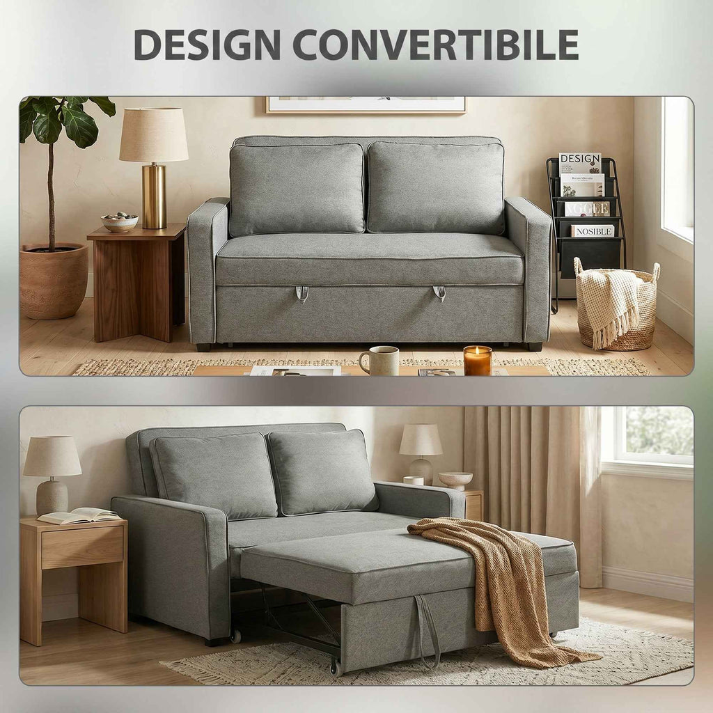 HOMCOM 3-in-1 2-Seater Sofa Bed with 3-Position Adjustable Backrest and 2 Cushions, Linen-Effect Fabric, Grey