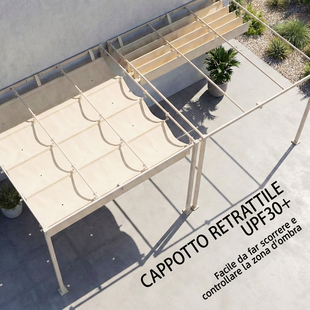 Outsunny 3x3m Lean-to Pergola with Retractable Sliding UV30+ Roof and Drainage Holes, Beige
