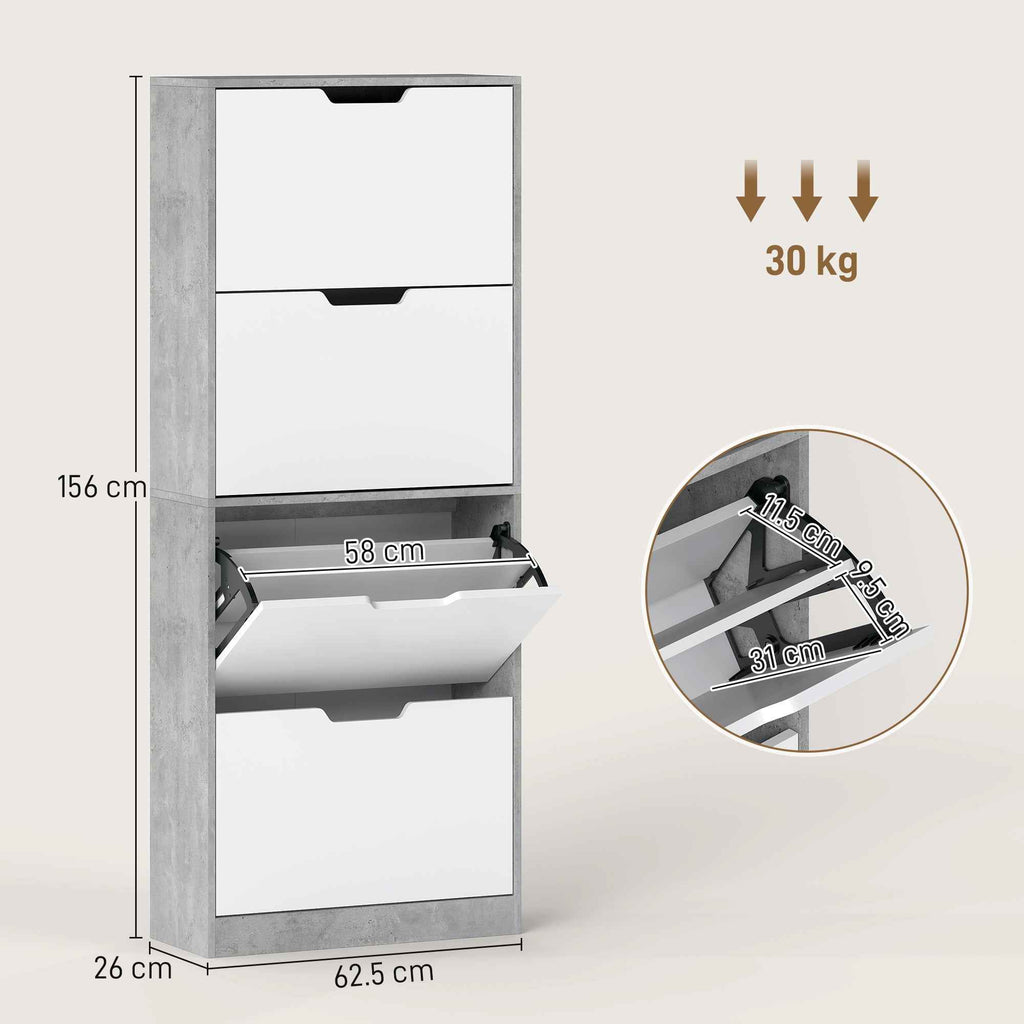 HOMCOM Space-Saving Modern 4-Door Shoe Rack for 16 Pairs of Shoes, 62.5 x 26 x 156 cm, Cement Grey