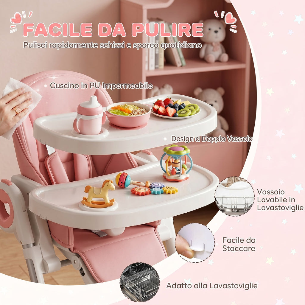 AIYAPLAY Folding High Chair for Babies 6-36 Months with Adjustable Height, Double Washable Tray, Wheels, Pink