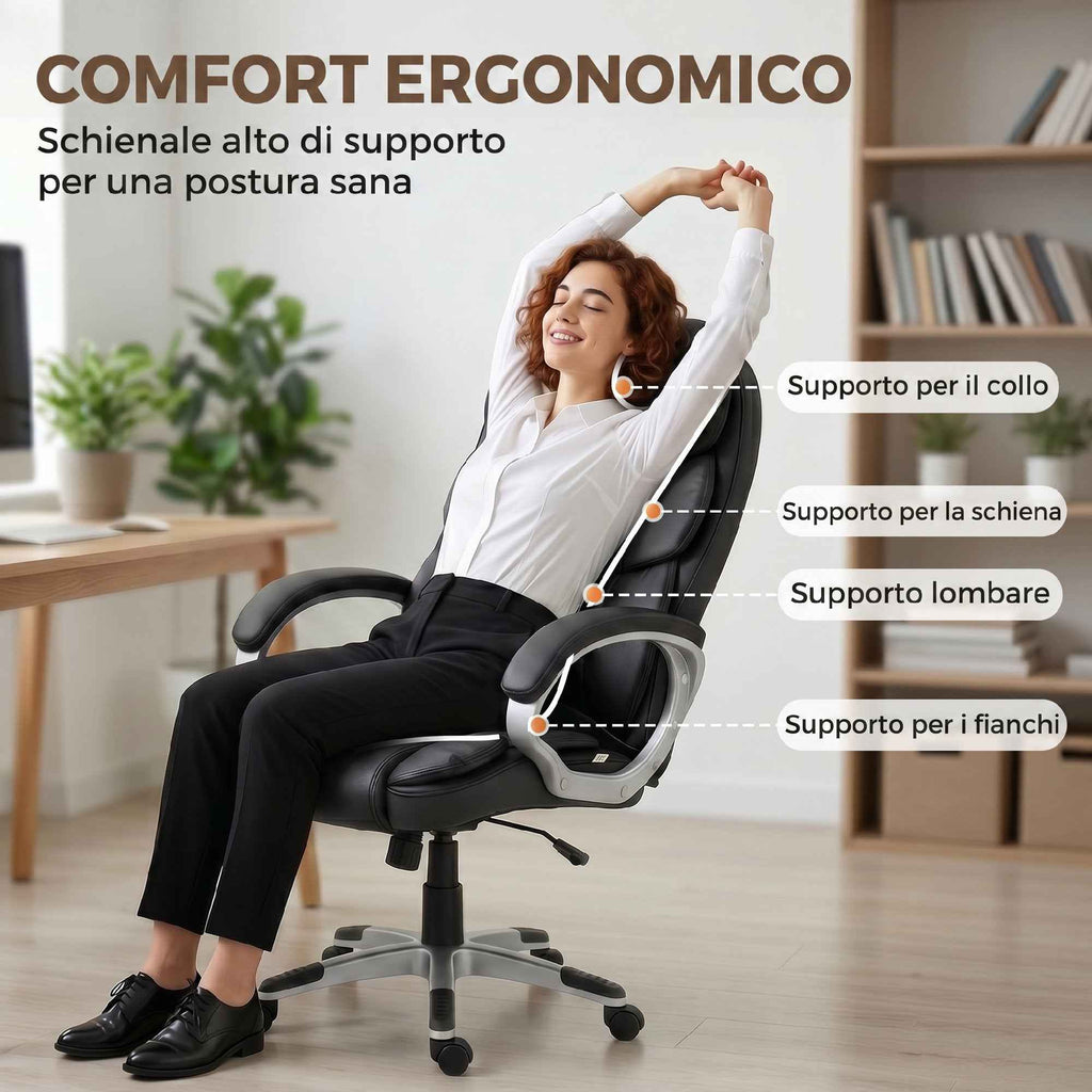 HOMCOM Ergonomic PU Leather Swivel Office Chair with Rocking and Adjustable Height, Black