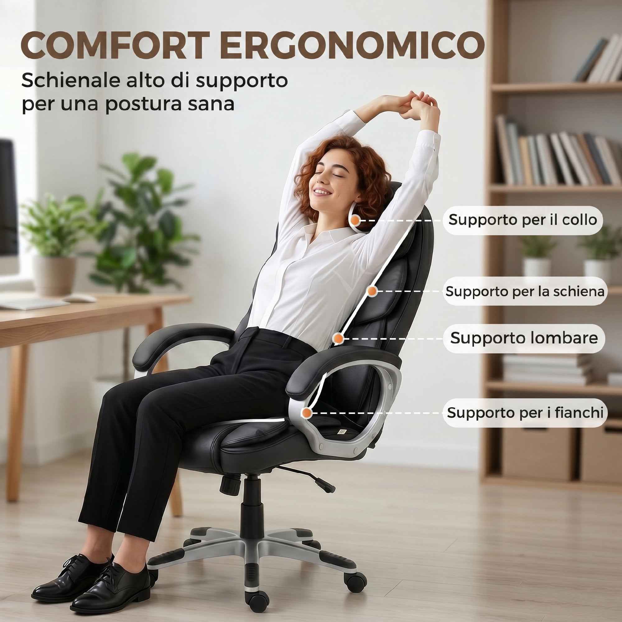 HOMCOM Ergonomic PU Leather Swivel Office Chair with Rocking and Adjustable Height, Black