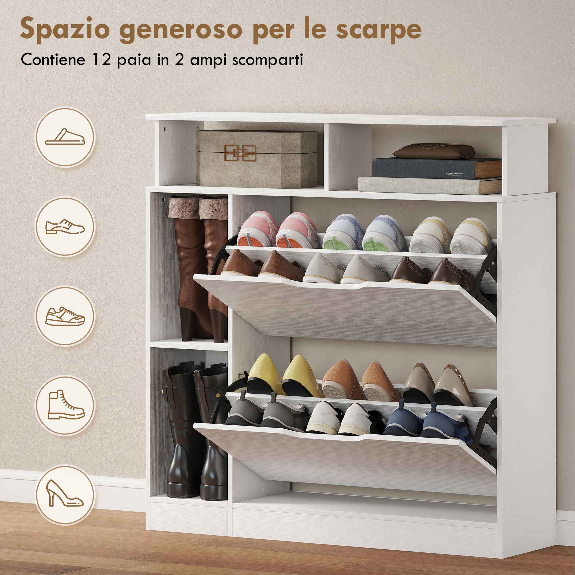 HOMCOM Narrow Shoe Rack with Adjustable Dividers, White