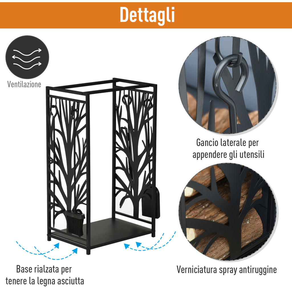 Fireplace Log Holder, Rustproof Steel, Indoor and Outdoor Log Holder with Elegant Design and 4 Tools, 46 x 30 x 70 cm, Black