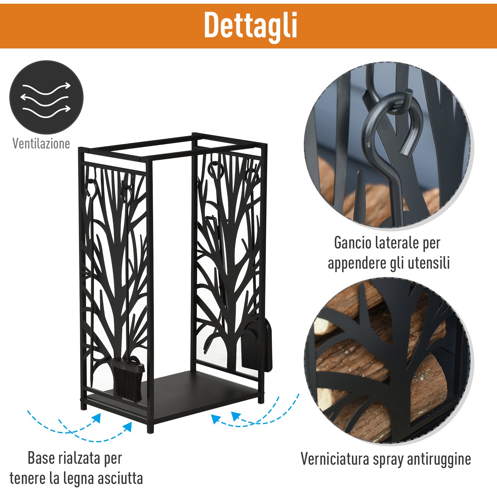 Fireplace Log Holder, Rustproof Steel, Indoor and Outdoor Log Holder with Elegant Design and 4 Tools, 46 x 30 x 70 cm, Black