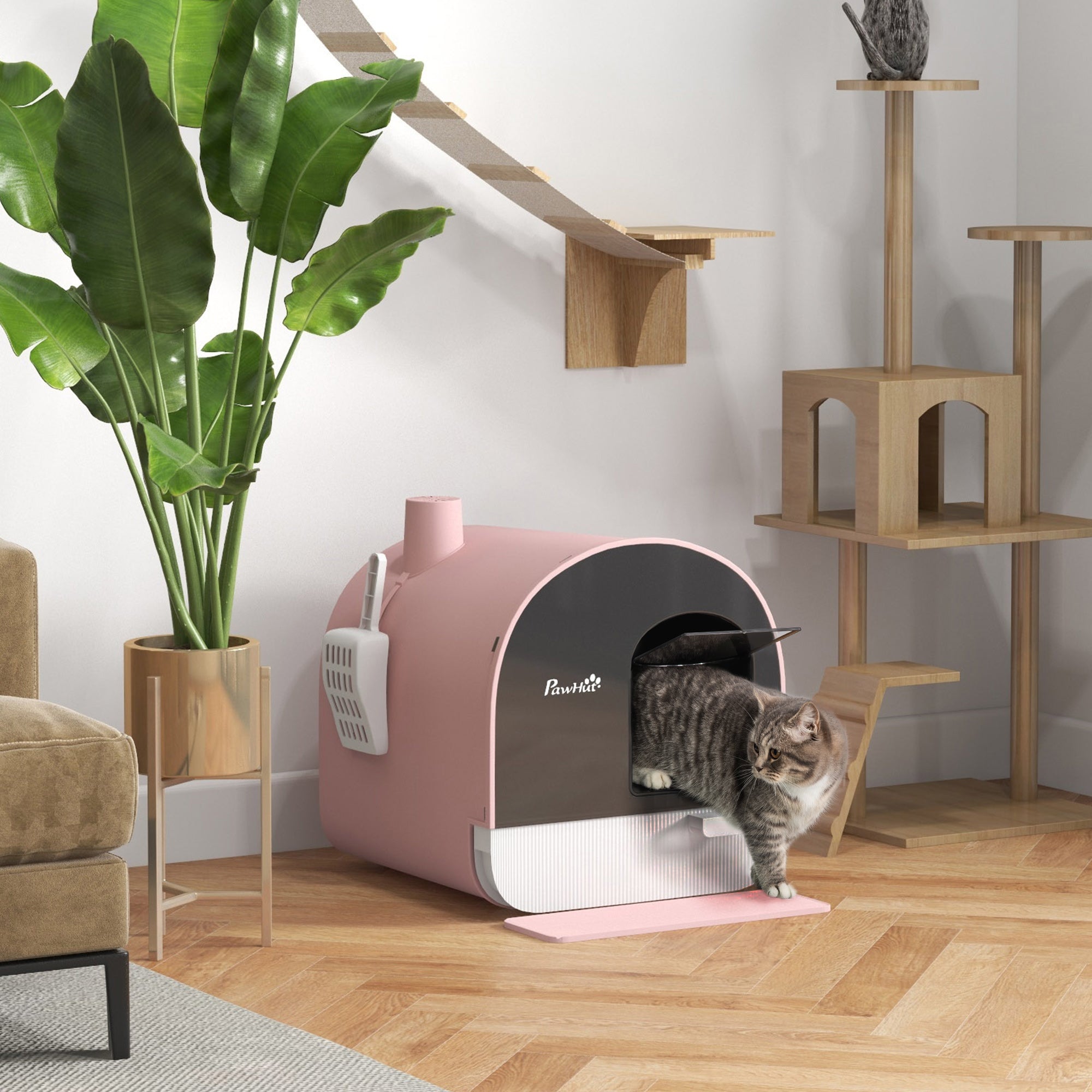 PawHut Closed Cat Litter Box with Filters, Scoop and Tray, PP Structure, 43x44x47cm, Pink - Borgè
