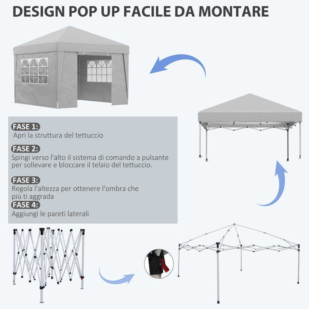 Outsunny 3x3 m Folding Gazebo with Adjustable Height and Windows, in Steel and Oxford Fabric, Light Grey