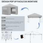 Outsunny 3x3 m Folding Gazebo with Adjustable Height and Windows, in Steel and Oxford Fabric, Light Grey