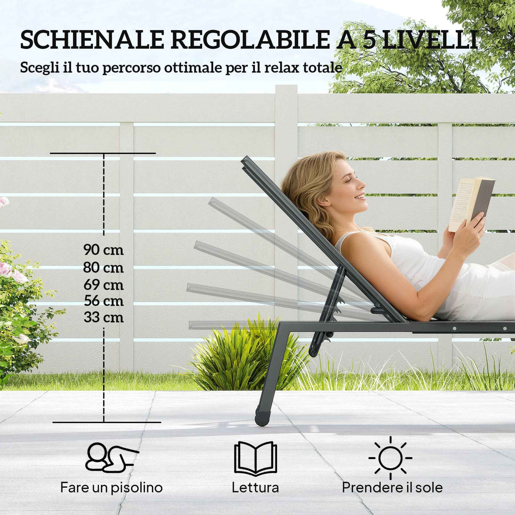 Outsunny Set of 2 Sun Loungers Adjustable in 5 Positions with Side Table and 2 Wheels, in Metal and Polyester, Grey