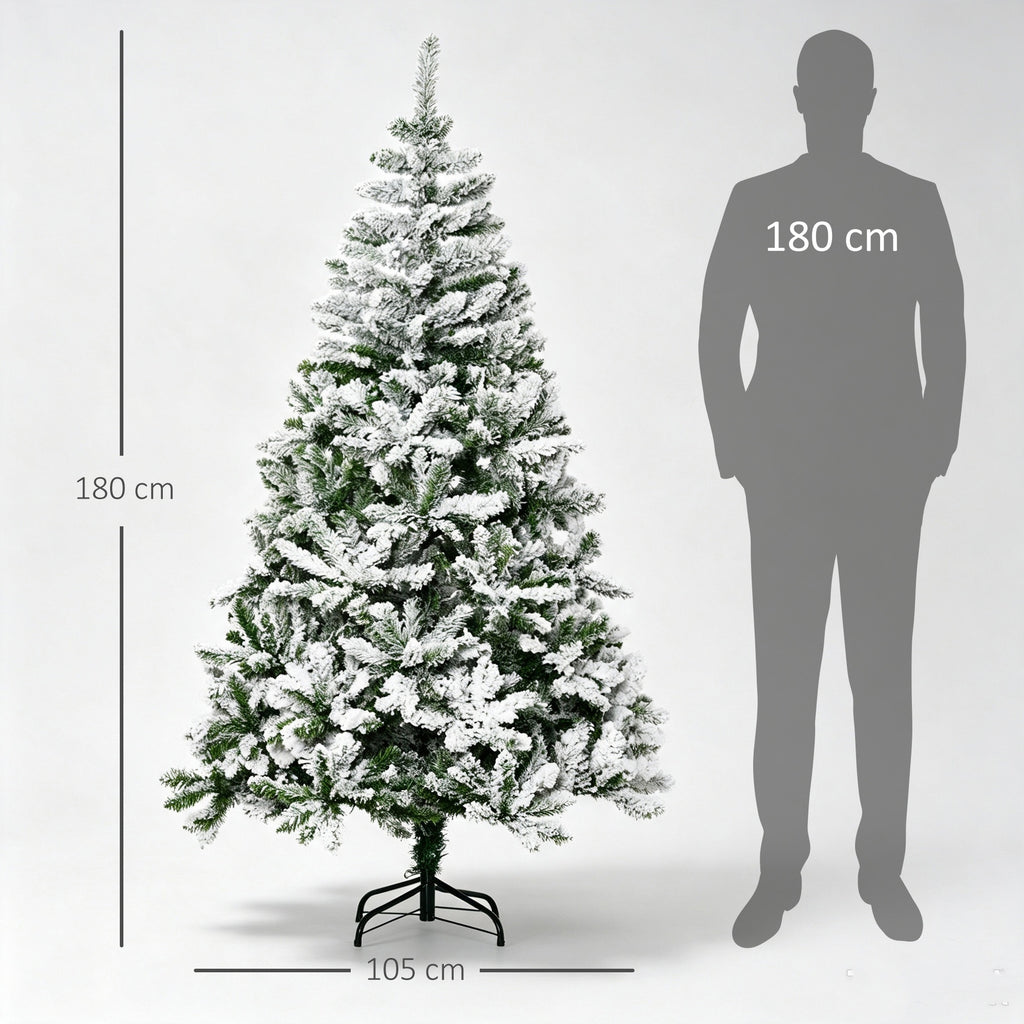 HOMCOM 180cm Tall Snow-Covered Christmas Tree with 750 Fireproof Branches and Steel Base, Green