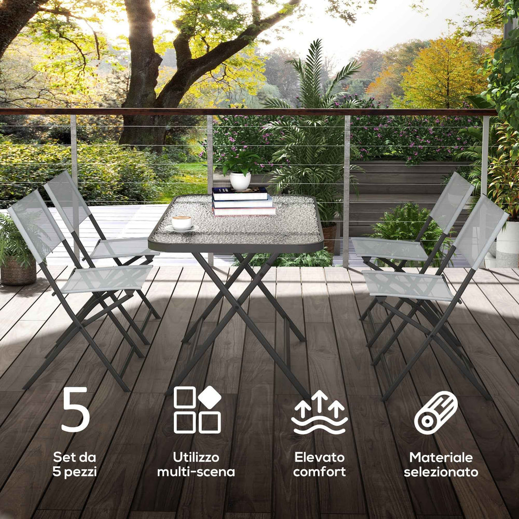 Outsunny 5-Piece Garden Table and Chair Set with 4 Folding Chairs in Breathable Textilene, Grey