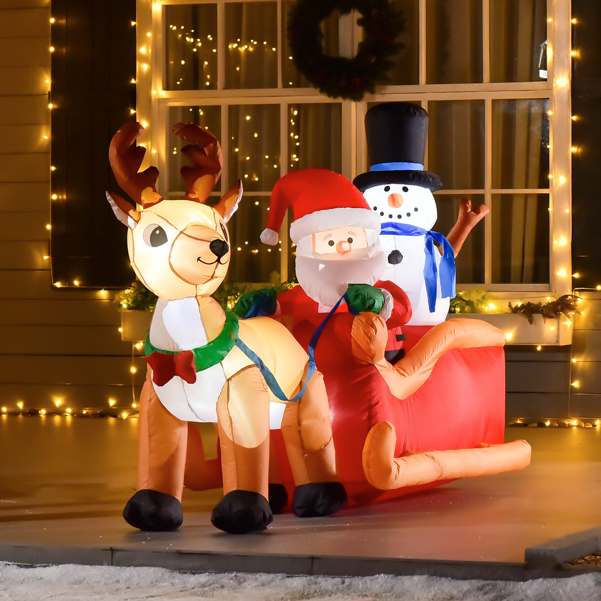 Inflatable Santa Claus with Sleigh, Reindeer, Snowman and LED Lights, Outdoor Christmas Decoration, 200x80x128cm