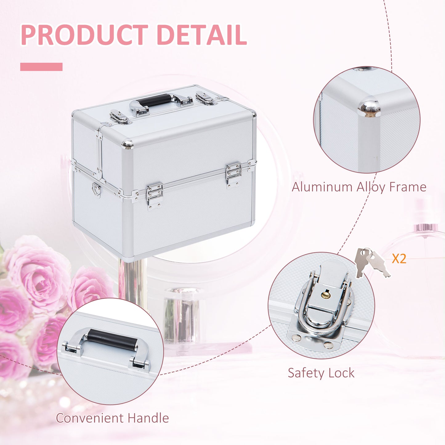 Makeup Case with 2 Locks, Aluminum, 36.5x24x29 cm, Silver