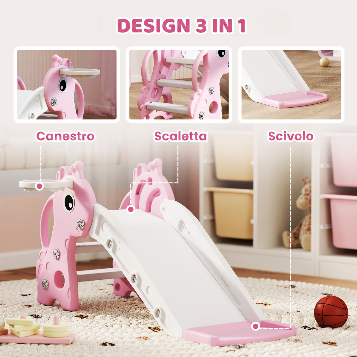 AIYAPLAY Kids Slide with Ladder, Basketball Hoop and Ball, Giraffe Design, for Children 1-3 Years Old, Pink