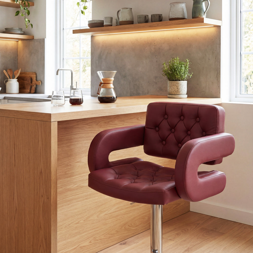 Bar Stool with Backrest and Armrests, Adjustable Height and Footrest, Faux Leather Red